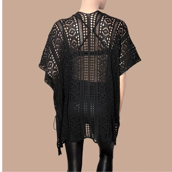 90s Black Open Knit Lace Crochet Tunic M/ L Side Cinch Y2K Dark Fairy WimsiGoth - Picture 4 of 11